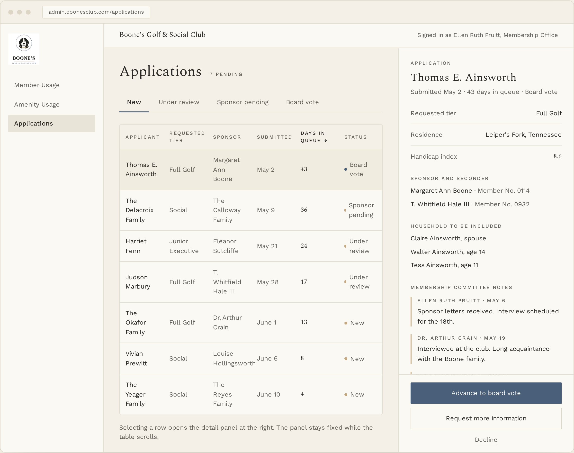Operator console applications queue with detail panel and committee notes
