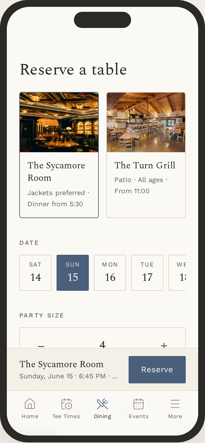 Member app dining reservation screen with venue, date and party size