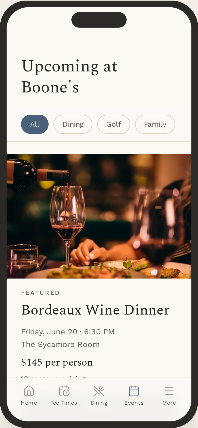Member app events screen listing a featured wine dinner