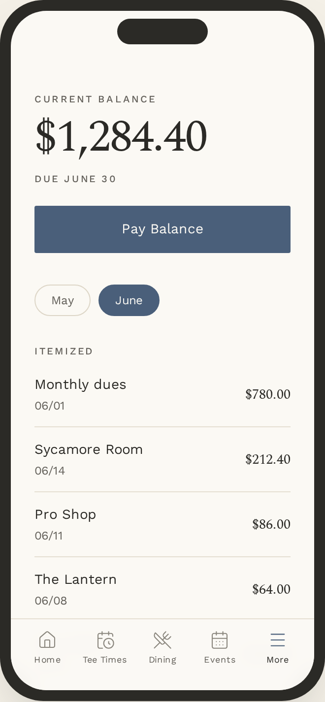 Member app statement screen showing balance and itemized charges